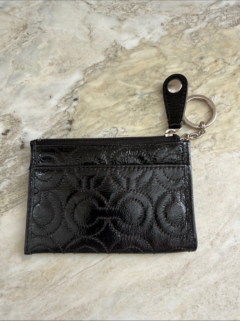 Coach Black Patent Circle-Embossed Card Wallet with Keyring
